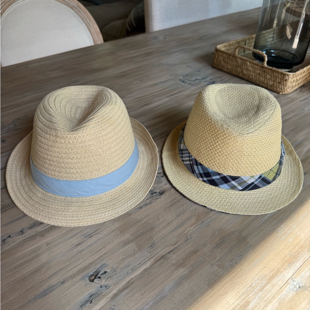 Boys Crazy 8 Tan Straw Hats, one Light Blue band and one with Navy Plaid Band